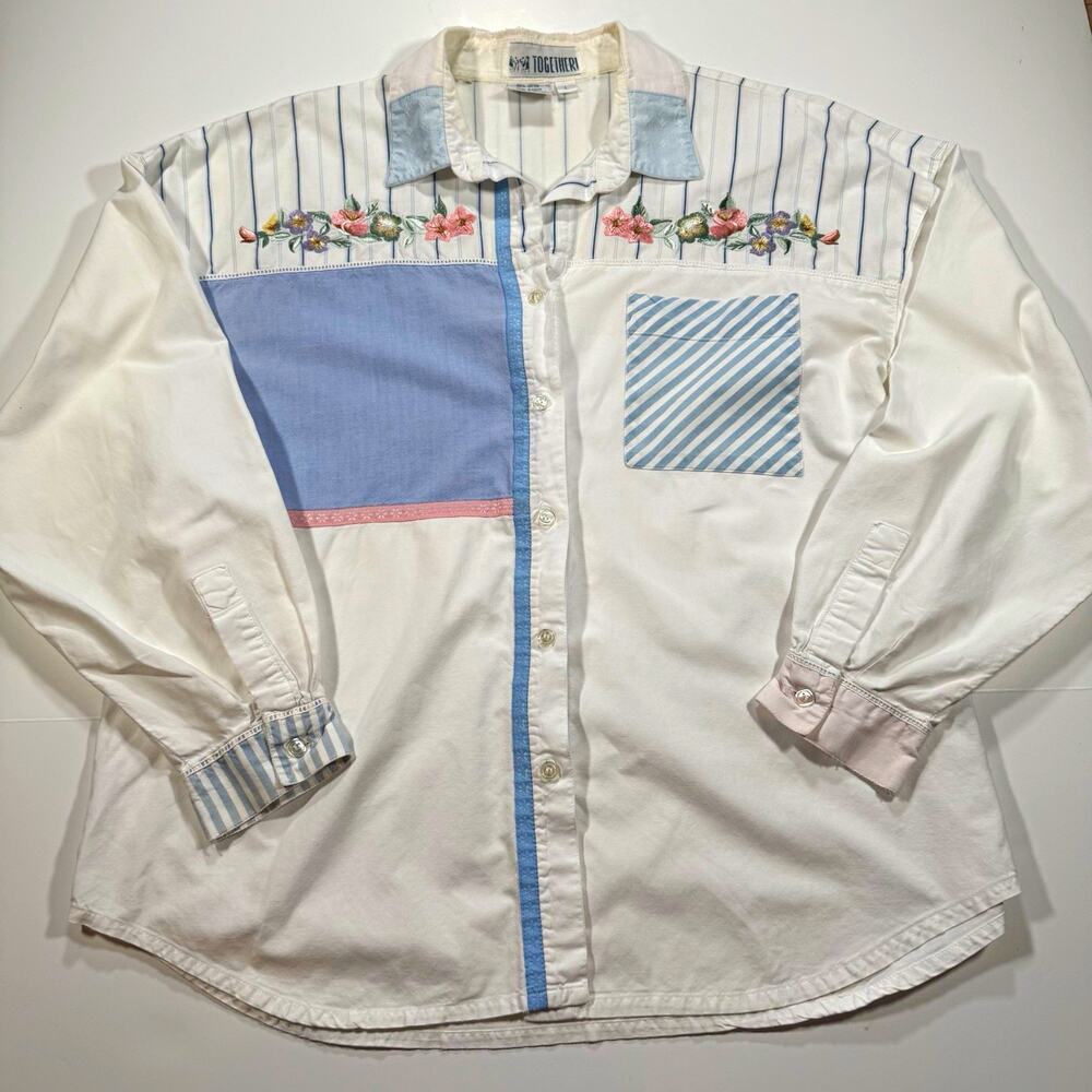 VTG 90s Women’s L Together! White Cotton Floral Embroidered Shirt Cottagecore
